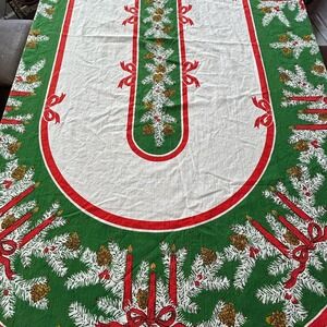 Vintage Fallani & Cohn Mid-Century Christmas Tablecloth 58x80 Holly Candles Bows